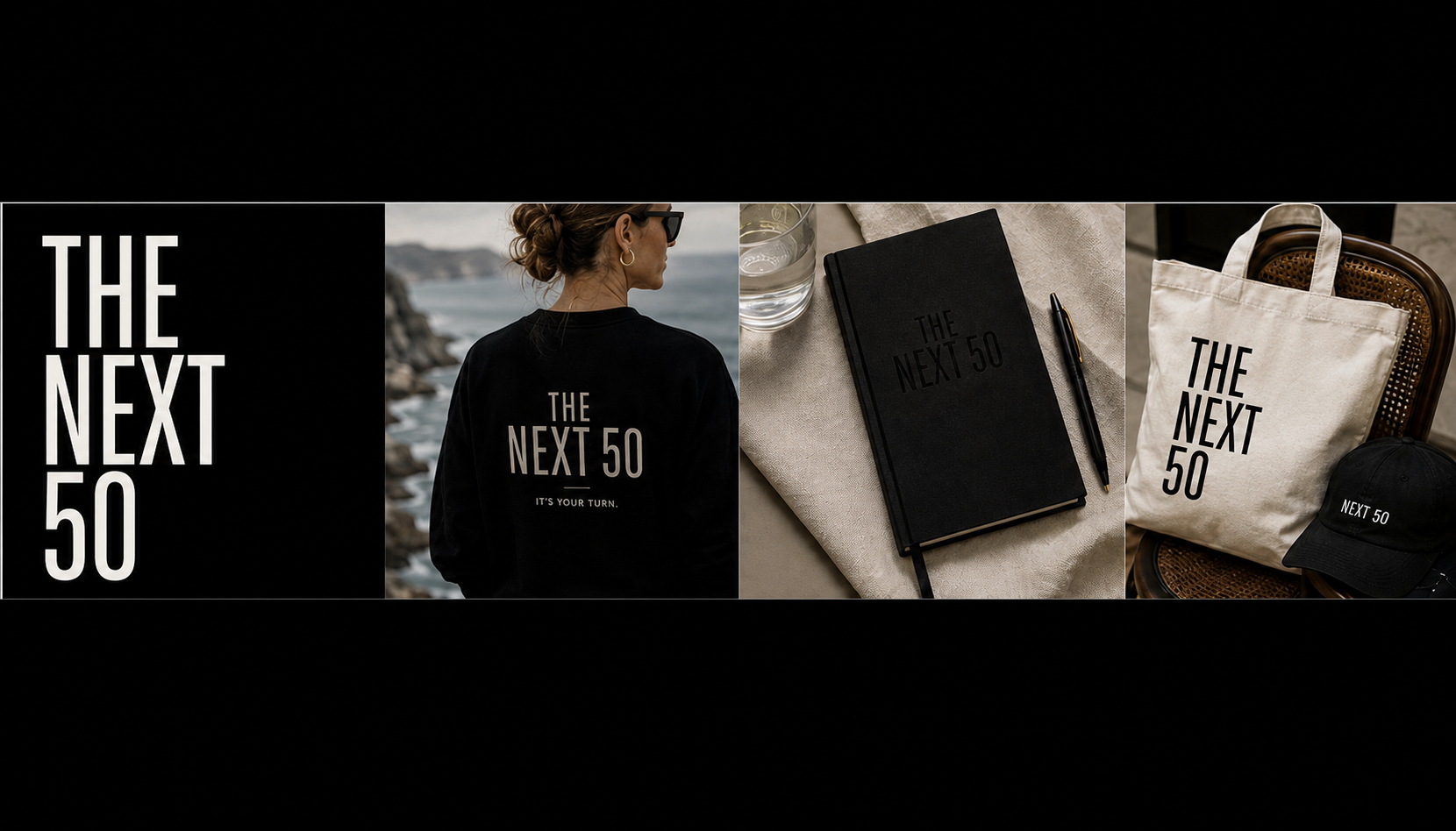 The Next 50 collection including apparel, journal, tote and cap